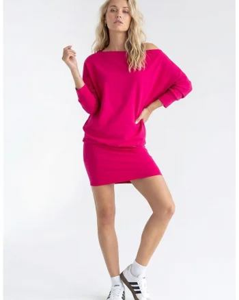 Rochie casual din bumbac, cu decolteu barca, maneci 3/4, croiala lejera, midi, fara inchidere - M1345, Fucsia