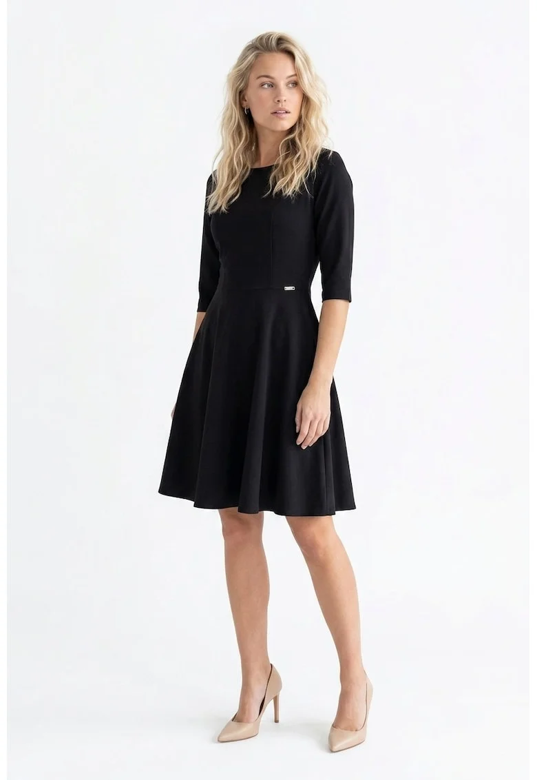 Rochie eleganta midi cu decolteu rotund, maneca 3/4, croi regular si inchidere la spate - M1341, Negru