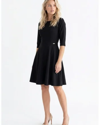 Rochie eleganta midi cu decolteu rotund, maneca 3/4, croi regular si inchidere la spate - M1341, Negru