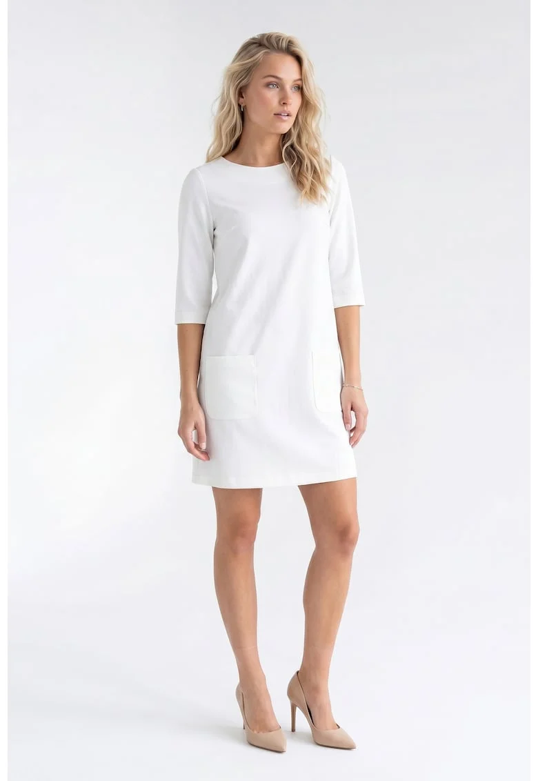 Rochie eleganta midi, cu decolteu rotund, maneca 3/4, croiala dreapta, cu fermoar si buzunare - M1350, Ecru