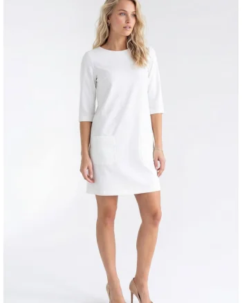 Rochie eleganta midi, cu decolteu rotund, maneca 3/4, croiala dreapta, cu fermoar si buzunare - M1350, Ecru