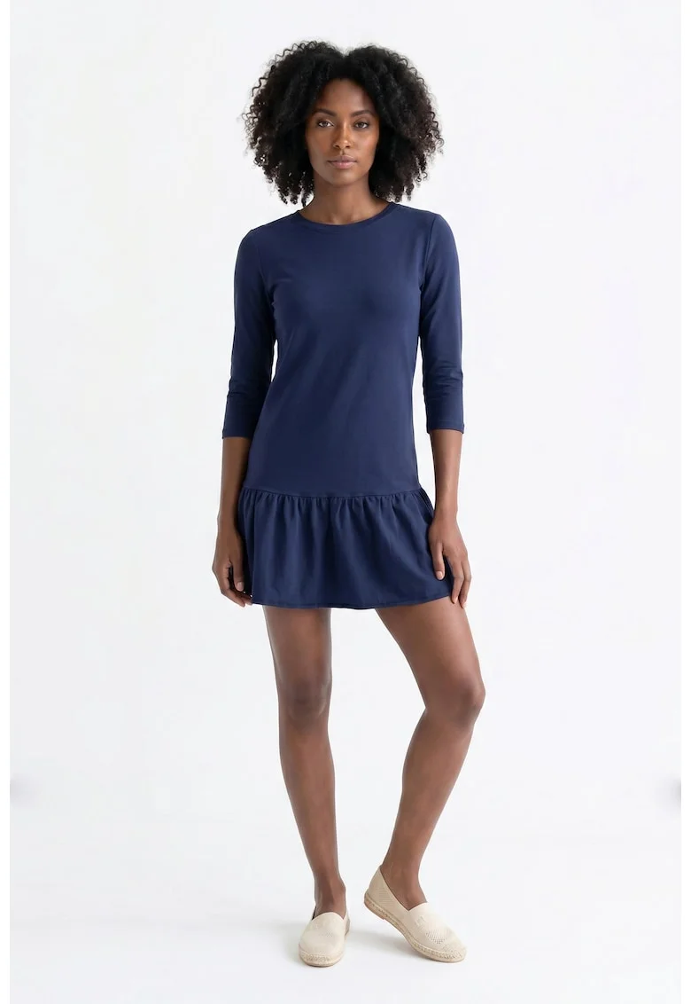 Rochie casual mini evazata cu decolteu rotund si maneci 3/4, din bumbac, fara inchidere - M1374, Bleumarin