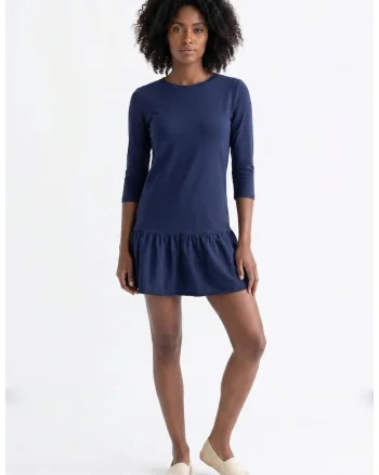 Rochie casual mini evazata cu decolteu rotund si maneci 3/4, din bumbac, fara inchidere - M1374, Bleumarin