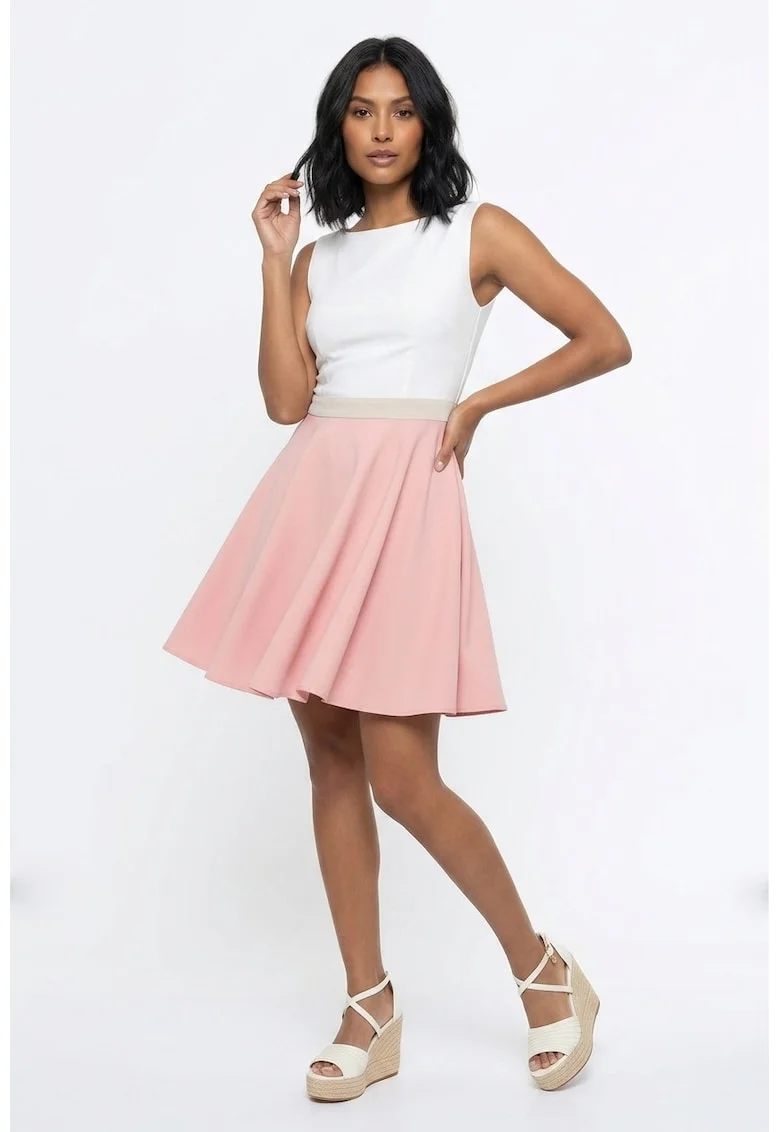 Rochie cocktail eleganta cu decolteu barcuta, fara maneci, croi evazat, lungime midi - M1338, Roz