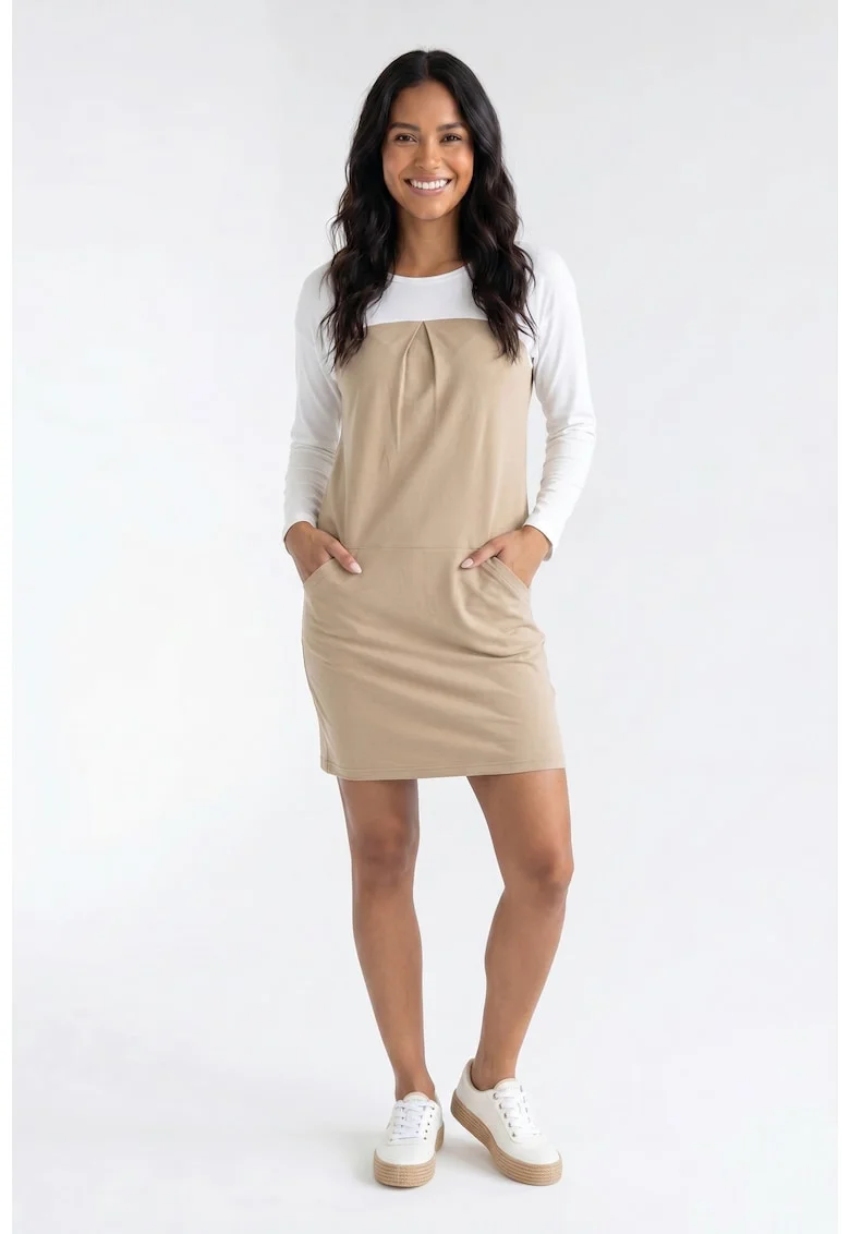 Rochie casual midi cu decolteu rotund, maneca lunga, croiala dreapta si buzunare - M1359, Bej