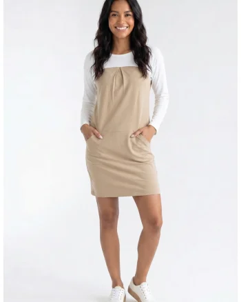 Rochie casual midi cu decolteu rotund, maneca lunga, croiala dreapta si buzunare - M1359, Bej