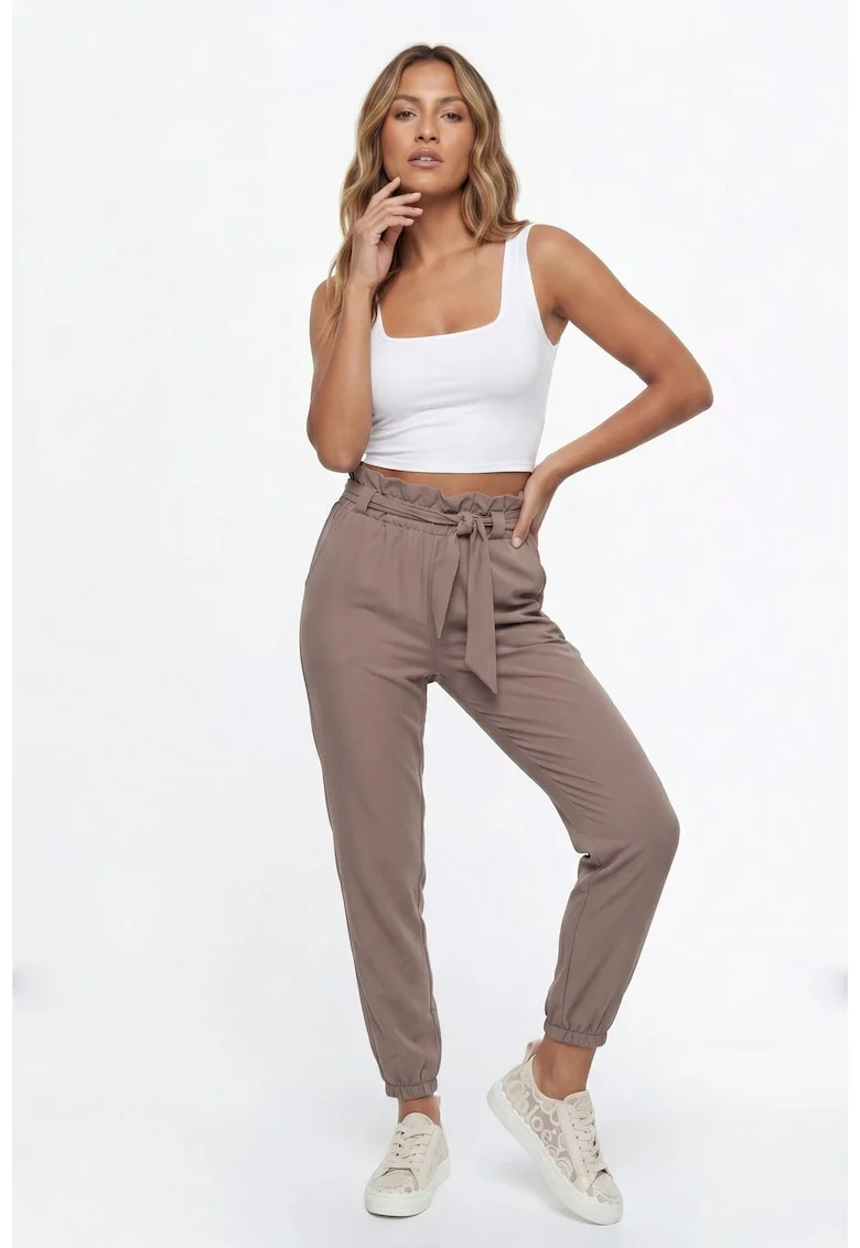 Pantaloni dama casual regular, lungime 7/8, talie inalta, cu buzunare si curea - M1347, Maro