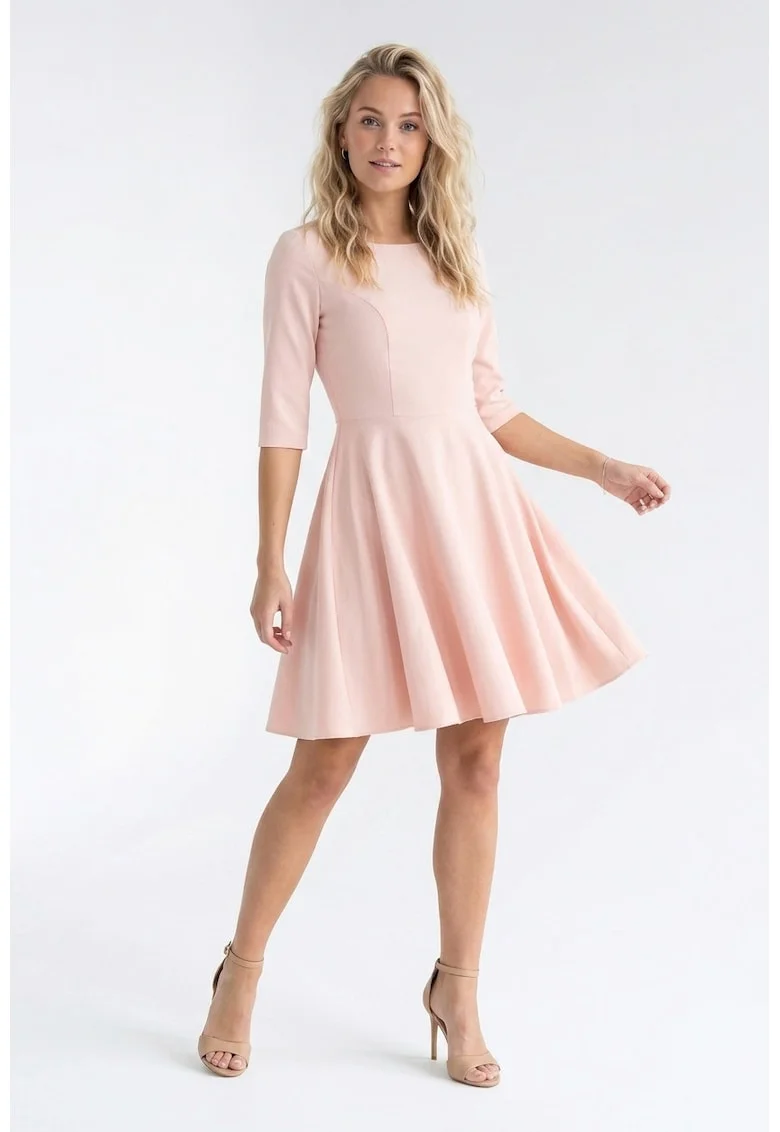 Rochie eleganta midi cu decolteu rotund, maneca 3/4, croi regular si inchidere la spate - M1341, Roz
