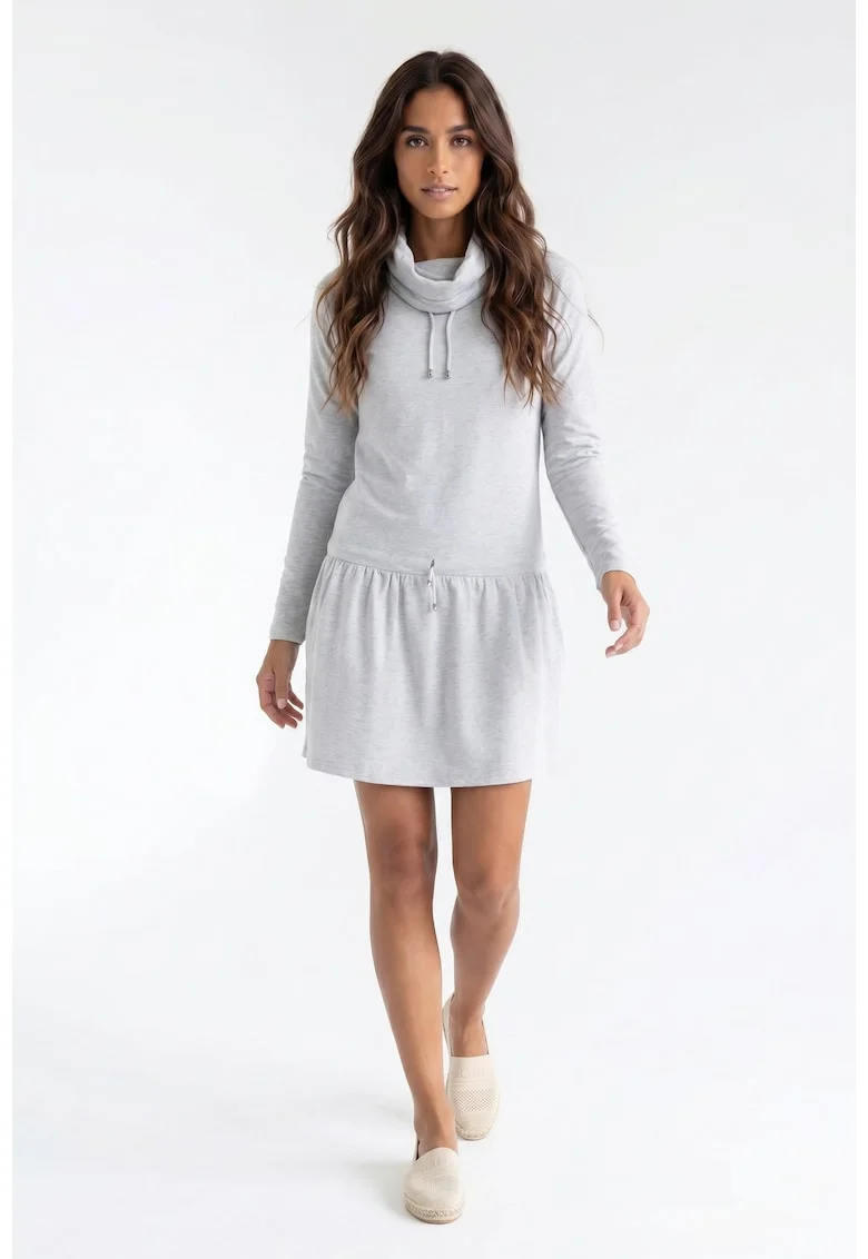 Rochie casual din bumbac, midi, cu guler inalt, maneca lunga, croiala dreapta, tip trening - M1378, Gri