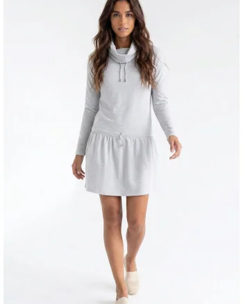 Rochie casual din bumbac, midi, cu guler inalt, maneca lunga, croiala dreapta, tip trening - M1378, Gri