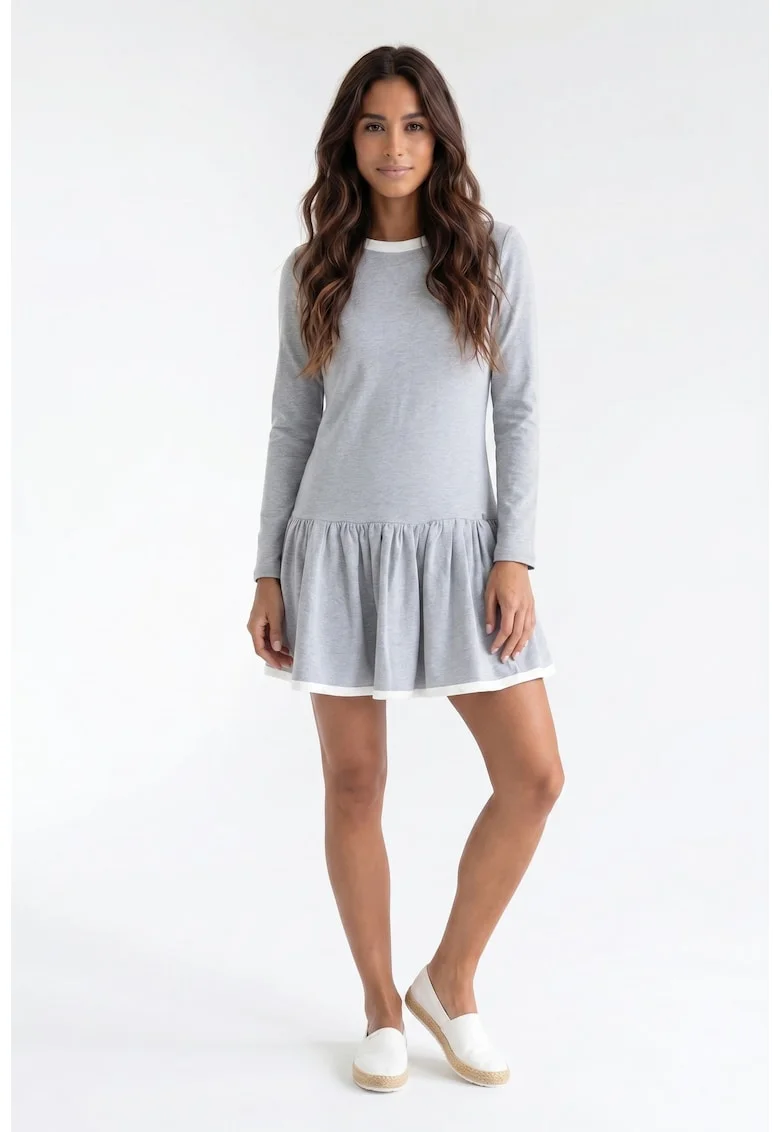 Rochie casual midi cu decolteu rotund, maneca lunga, croiala dreapta, din bumbac - M1379, Gri