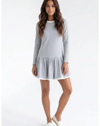 Rochie casual midi cu decolteu rotund, maneca lunga, croiala dreapta, din bumbac - M1379, Gri