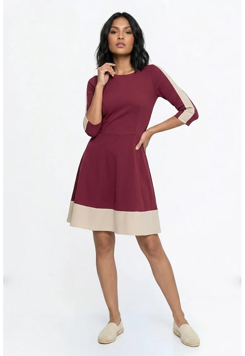 Rochie casual midi cu decolteu barcuta, maneca 3/4, croiala regular si inchidere la spate - M1337, bordo, XS/S INTL