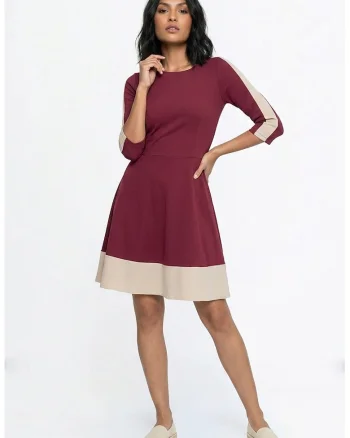 Rochie casual midi cu decolteu barcuta, maneca 3/4, croiala regular si inchidere la spate - M1337, bordo, XS/S INTL
