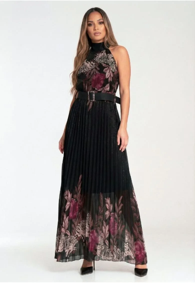 Rochie lunga  plisata, imprimeu floral si animal print, neagra