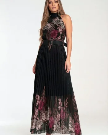 Rochie lunga  plisata, imprimeu floral si animal print, neagra