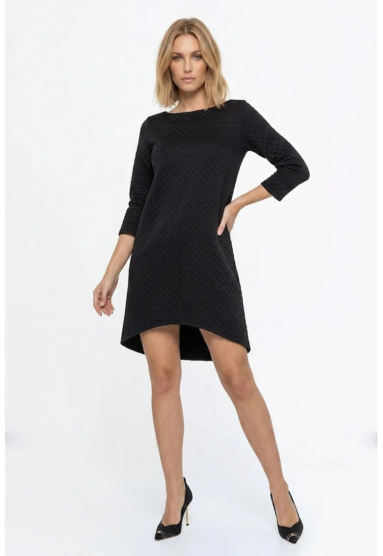 Rochie casual midi, croiala lejera, decolteu barcuta, maneca 3/4, fara inchidere, stil clasic - M1363, Negru