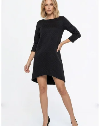 Rochie casual midi, croiala lejera, decolteu barcuta, maneca 3/4, fara inchidere, stil clasic - M1363, Negru