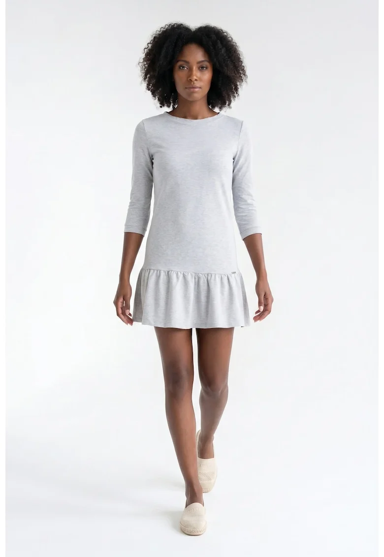 Rochie casual mini evazata cu decolteu rotund si maneci 3/4, din bumbac, fara inchidere - M1374, Gri