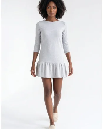 Rochie casual mini evazata cu decolteu rotund si maneci 3/4, din bumbac, fara inchidere - M1374, Gri