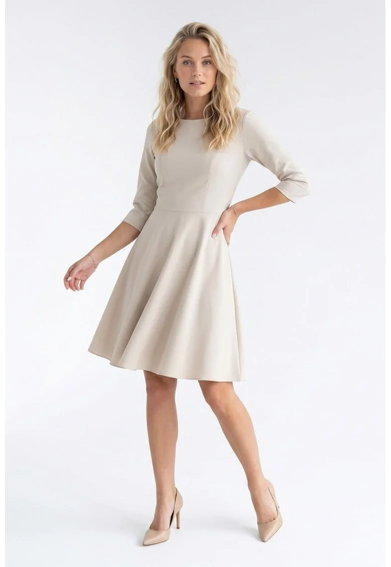 Rochie eleganta midi cu decolteu rotund, maneca 3/4, croi regular si inchidere la spate - M1341, Bej