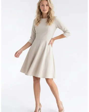 Rochie eleganta midi cu decolteu rotund, maneca 3/4, croi regular si inchidere la spate - M1341, Bej
