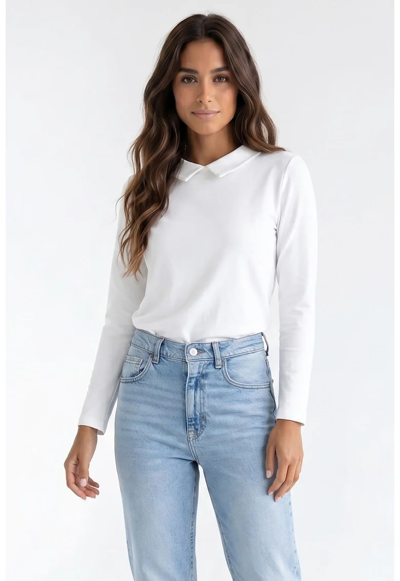 Bluza de zi cu decolteu camasa, maneca lunga, croiala regular, lungime standard, din bumbac, fara inchidere - M1376, Ecru