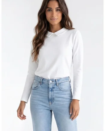 Bluza de zi cu decolteu camasa, maneca lunga, croiala regular, lungime standard, din bumbac, fara inchidere - M1376, Ecru