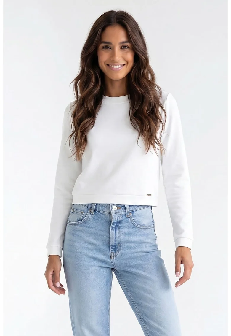 Bluza casual cu decolteu rotund, maneca lunga, croiala regular, scurta, fara inchidere - M1375, Ecru