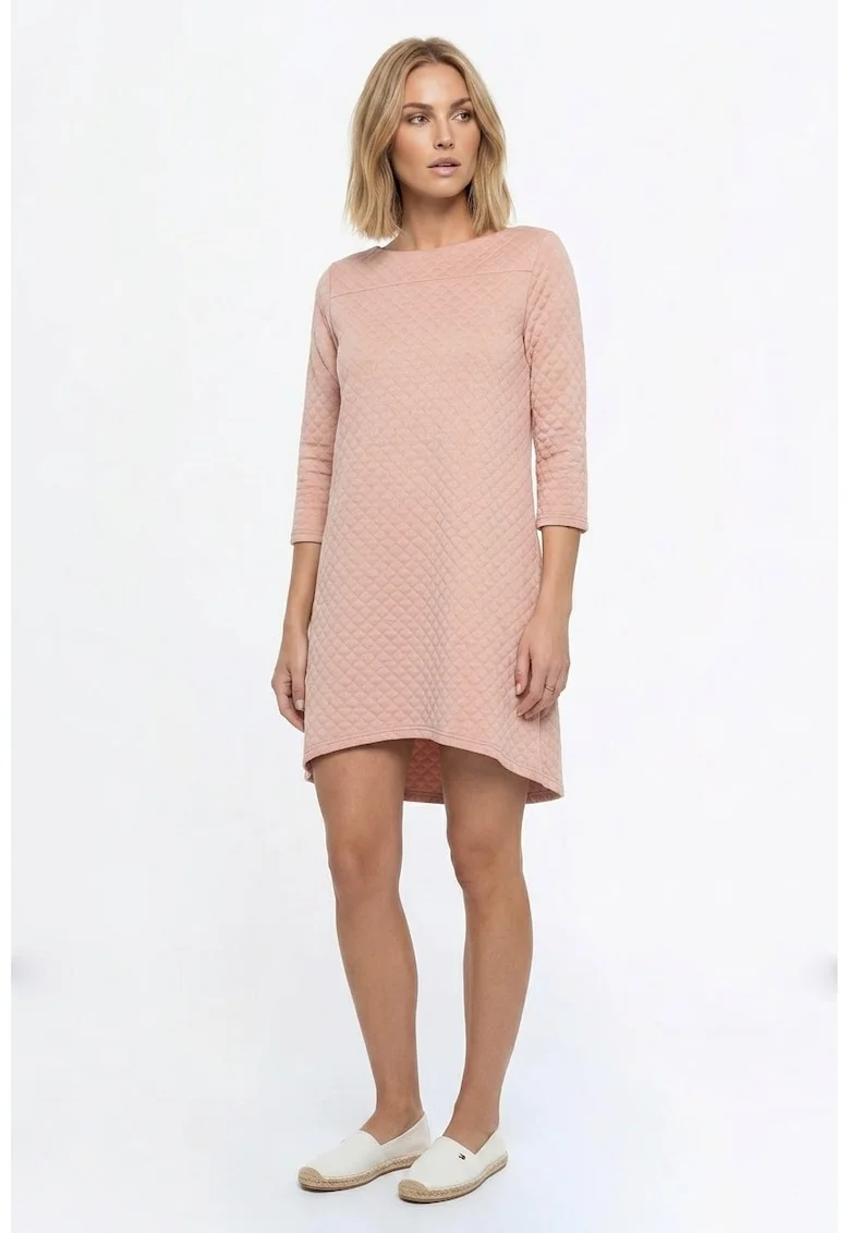 Rochie casual midi, croiala lejera, decolteu barcuta, maneca 3/4, fara inchidere, stil clasic - M1363, Roz