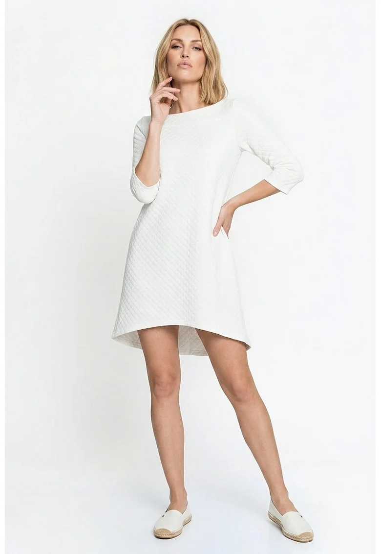 Rochie casual midi, croiala lejera, decolteu barcuta, maneca 3/4, fara inchidere, stil clasic - M1363, Ecru