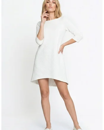 Rochie casual midi, croiala lejera, decolteu barcuta, maneca 3/4, fara inchidere, stil clasic - M1363, Ecru