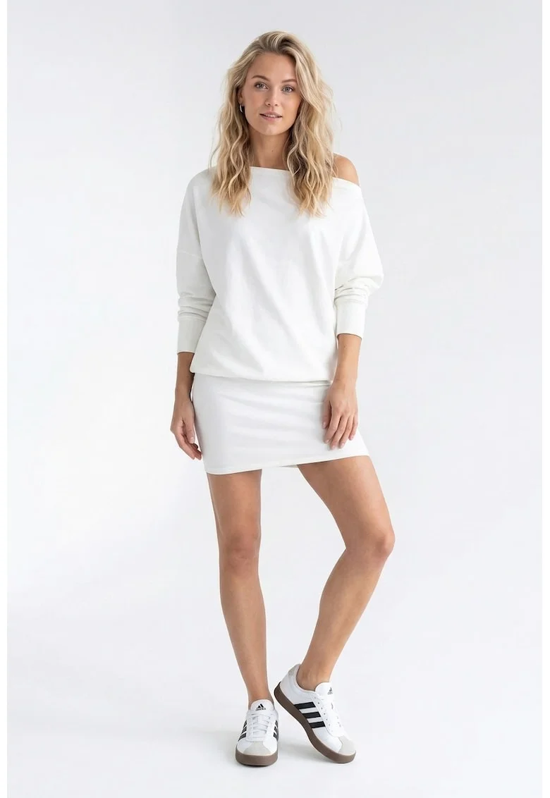 Rochie casual din bumbac, cu decolteu barca, maneci 3/4, croiala lejera, midi, fara inchidere - M1345, Ecru