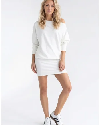Rochie casual din bumbac, cu decolteu barca, maneci 3/4, croiala lejera, midi, fara inchidere - M1345, Ecru