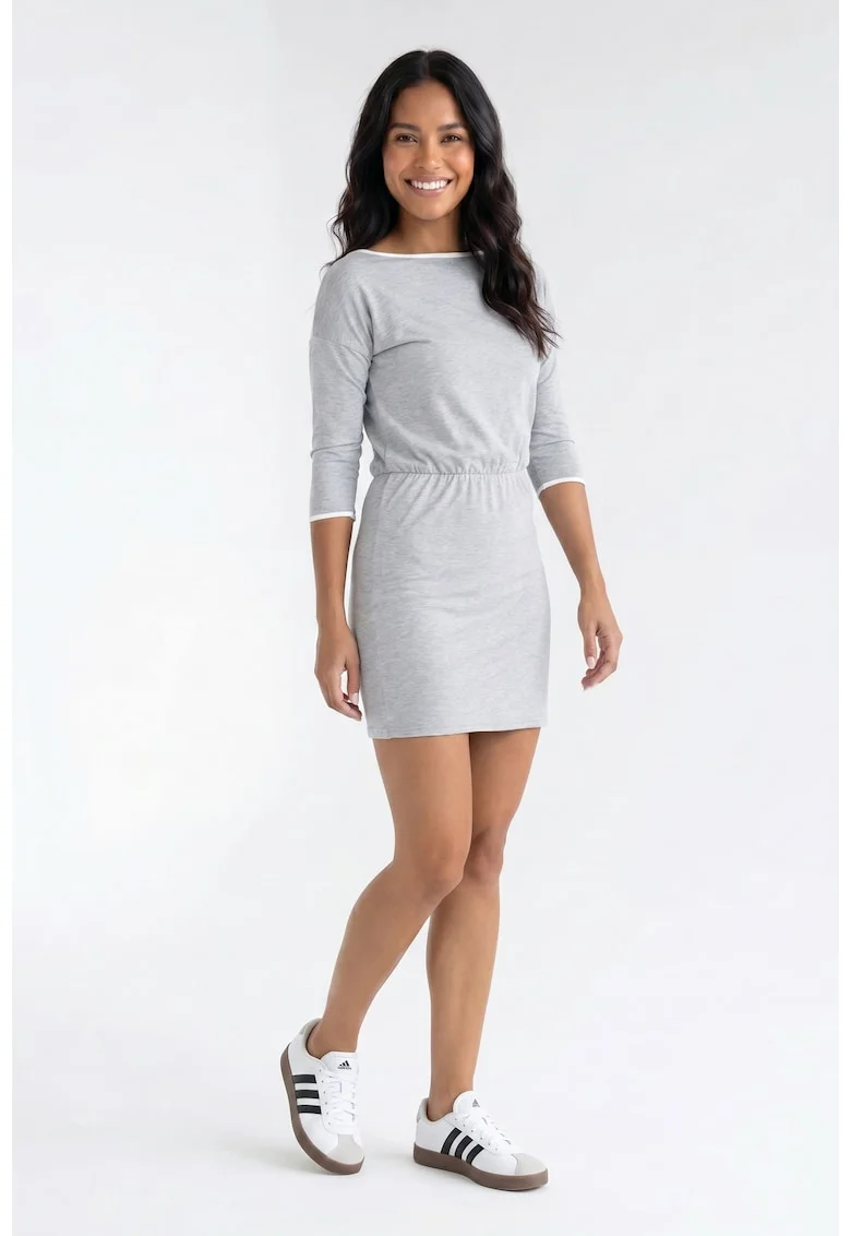 Rochie casual de zi, decolteu barca, maneca 3/4, croiala mulata, lungime mini, din bumbac, pentru primavara-vara - M1358, Gri