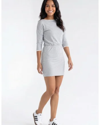 Rochie casual de zi, decolteu barca, maneca 3/4, croiala mulata, lungime mini, din bumbac, pentru primavara-vara - M1358, Gri