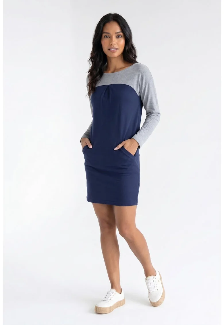 Rochie casual midi cu decolteu rotund, maneca lunga, croiala dreapta si buzunare - M1359, Bleumarin