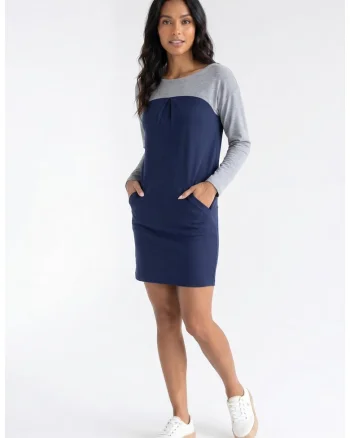 Rochie casual midi cu decolteu rotund, maneca lunga, croiala dreapta si buzunare - M1359, Bleumarin