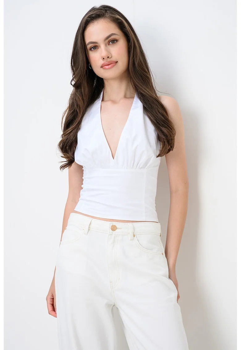 Top cu decolteu halter, Alb optic