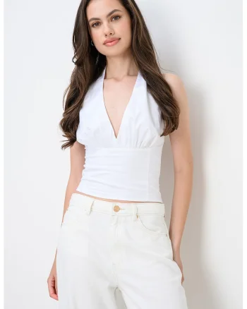 Top cu decolteu halter, Alb optic