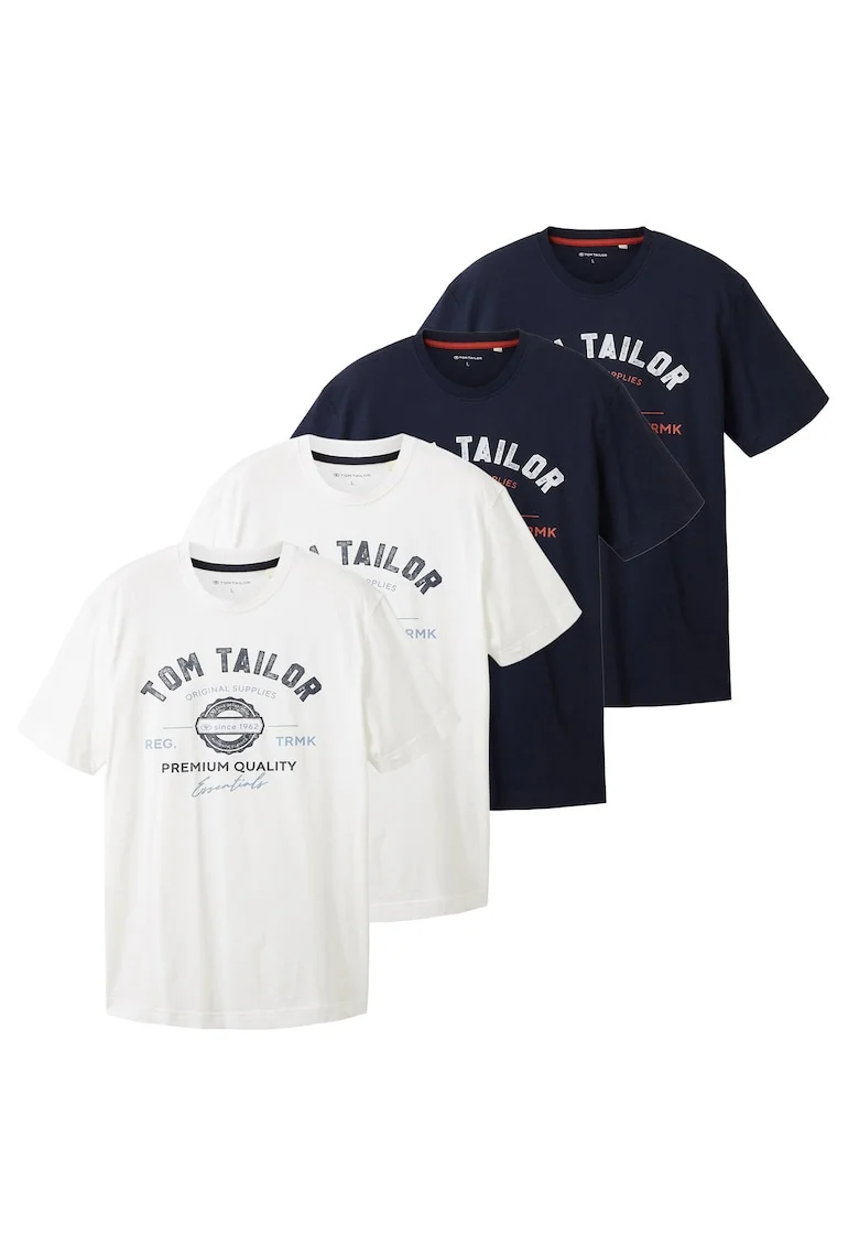Set de 4 tricouri de bumbac cu imprimeu logo, Alb/Albastru