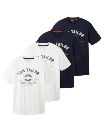Set de 4 tricouri de bumbac cu imprimeu logo, Alb/Albastru