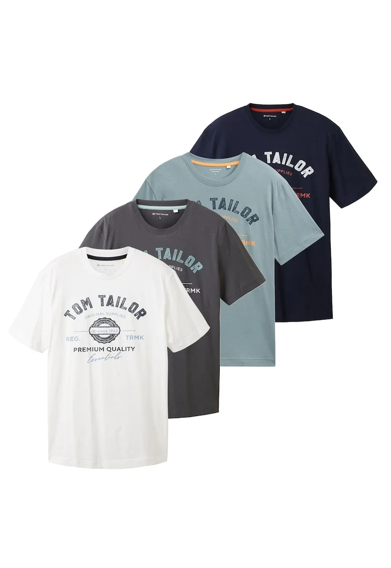 Set de 4 tricouri de bumbac cu imprimeu logo, Multicolor