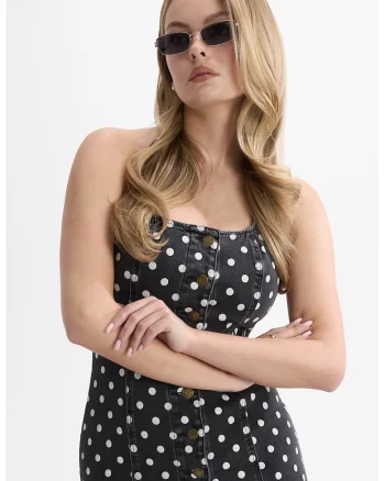 Rochie mini cambrata cu model cu buline, Alb/Negru