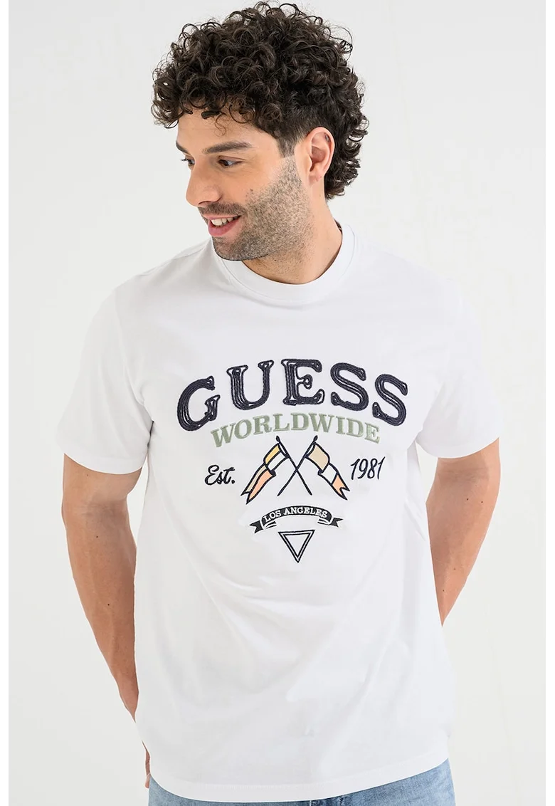 Tricou de bumbac cu logo brodat, Verde/Alb murdar/Bleumarin