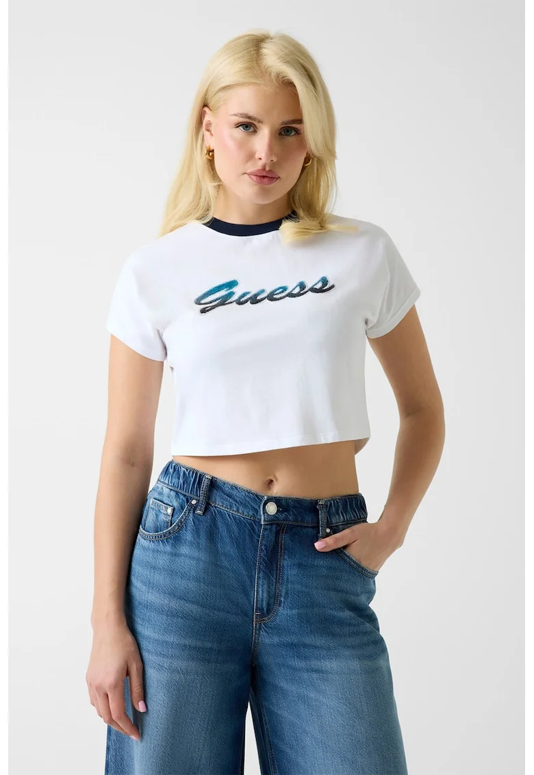 Tricou crop cu aplicatie logo, Albastru ultramarin/Albastru royal/Alb optic