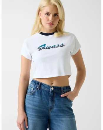 Tricou crop cu aplicatie logo, Albastru ultramarin/Albastru royal/Alb optic