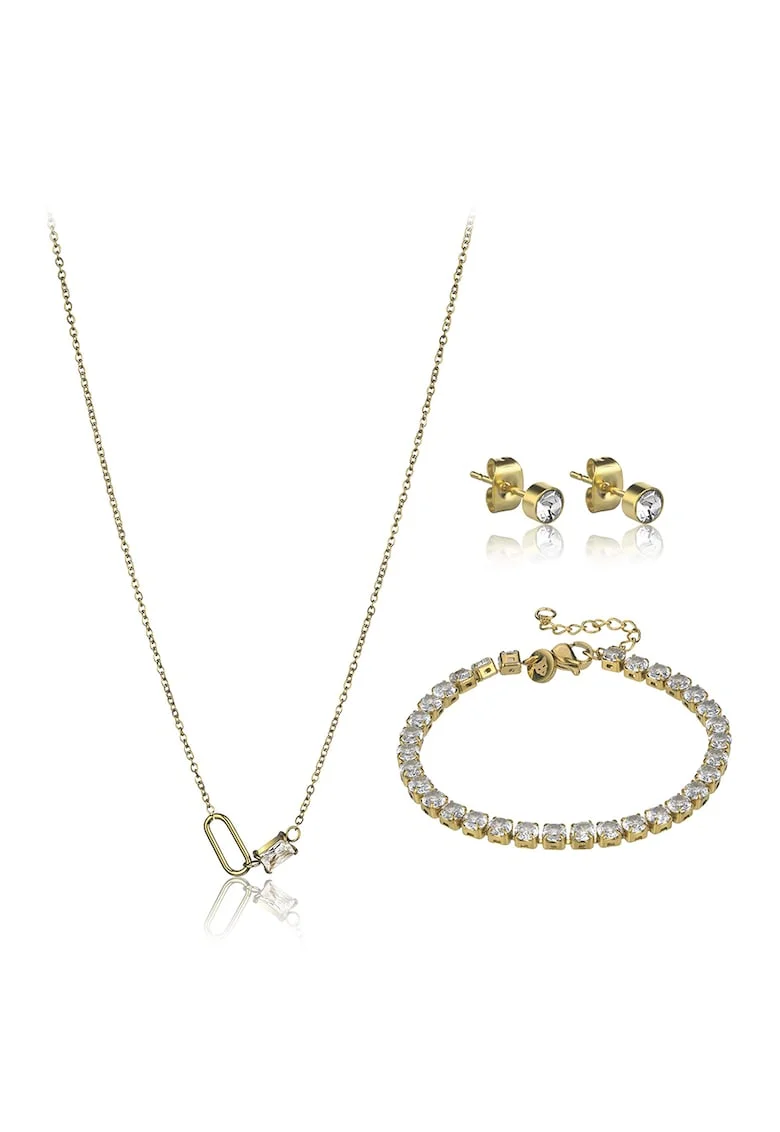 Set de colier, bratara si cercei decorati cu cristale - 3 piese, Auriu