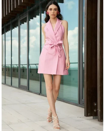 Rochie mini de in cu cordon in talie, Roz