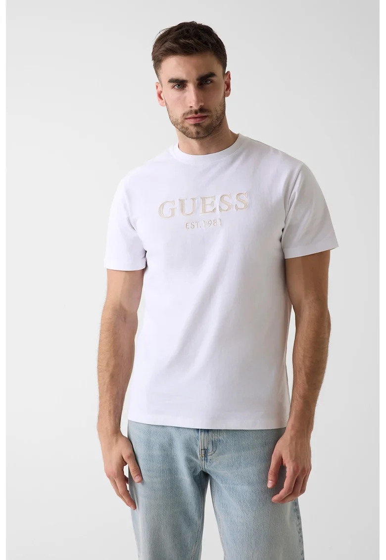 Tricou regular fit cu logo brodat, Alb